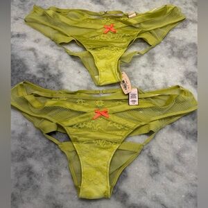 Victoria’s Secret Olive Lace Mesh Panty Set x2 | Red Bow Detail | Size L 💚
